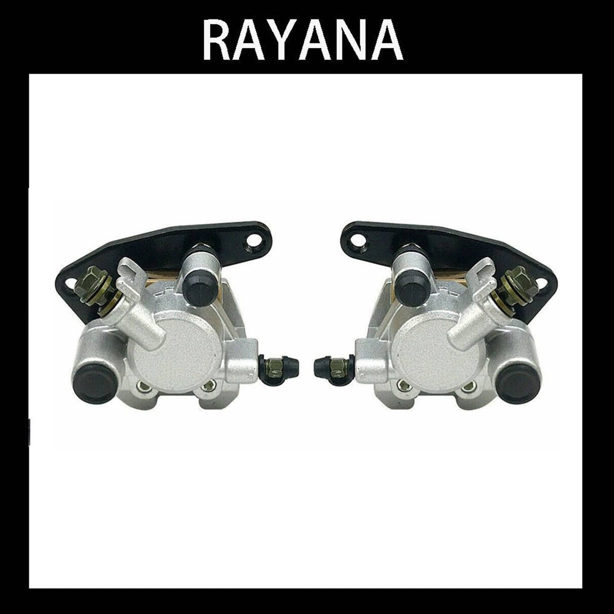 Front brake caliper set, silver metal with black rubber boots and mounting bracket