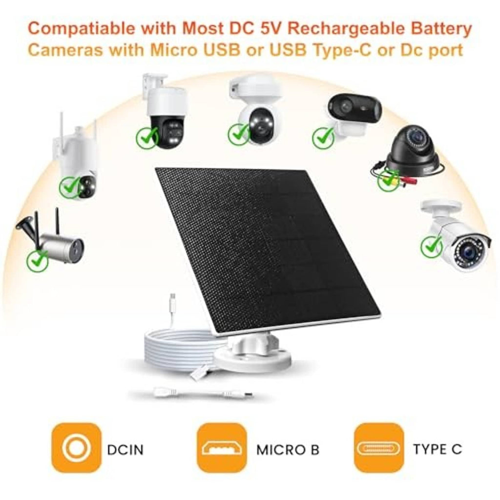 Solar panel charger with black panel, mounting stand, and DC/USB cable connectors