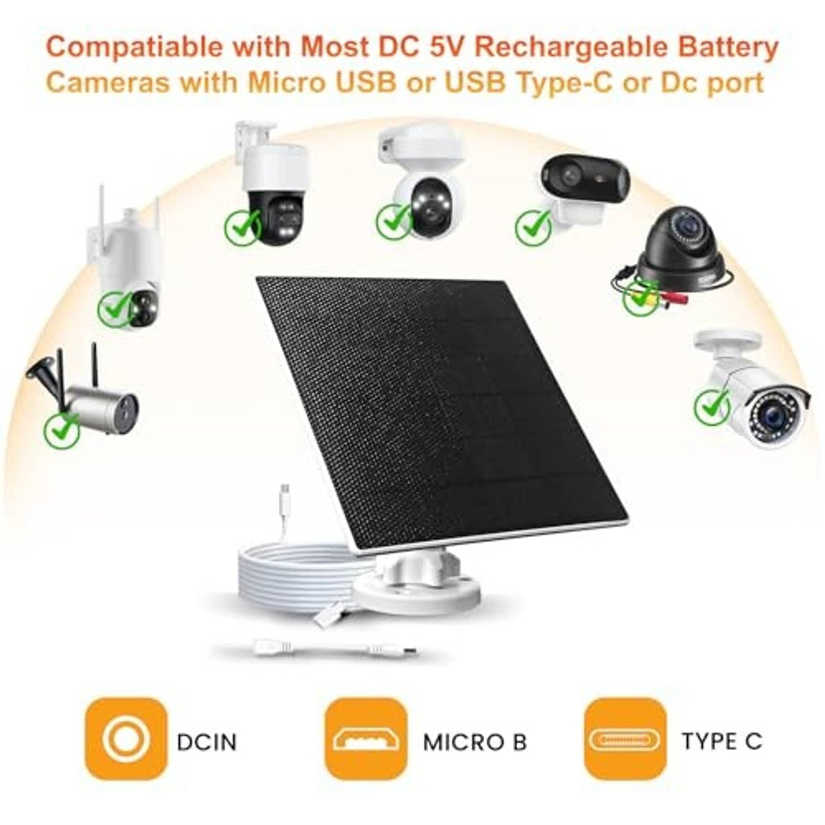 Solar panel charger with black panel, mounting stand, and DC/USB cable connectors
