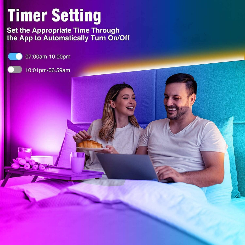 RGB LED strip lights with timer setting for automatic on/off scheduling