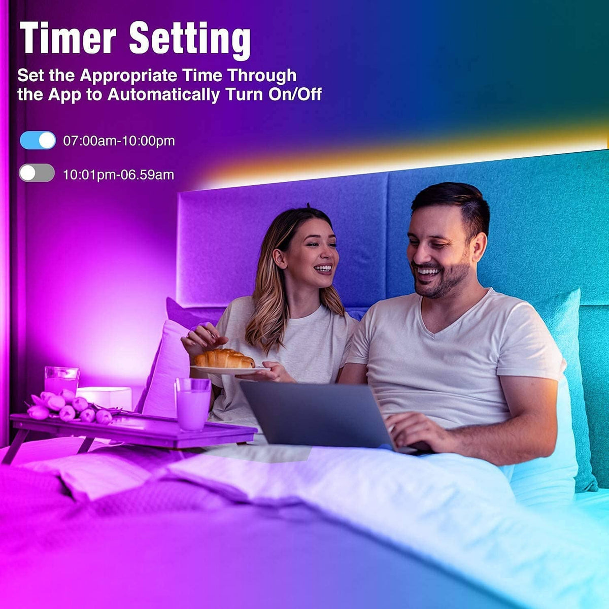 RGB LED strip lights with timer setting for automatic on/off scheduling
