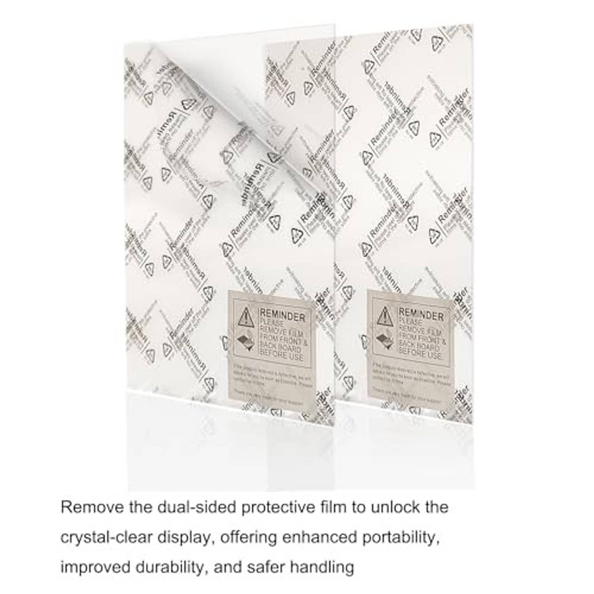 Poster frame with protective film over clear front display surface