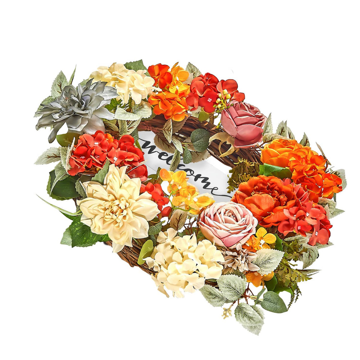 24-inch artificial floral wreath with orange, red, and yellow blooms and 'Welcome' center