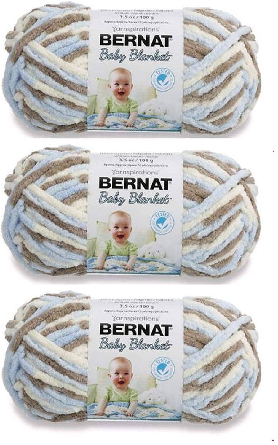 Bernat Baby Blanket yarn skeins, super bulky chenille, gray and blue stripes
