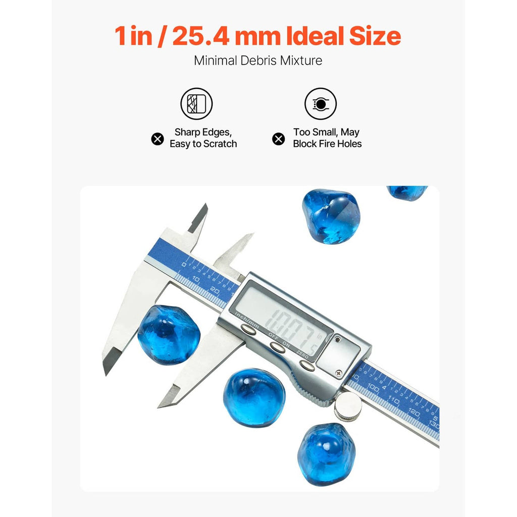1-inch fire pit glass beads shown with a caliper size measurement