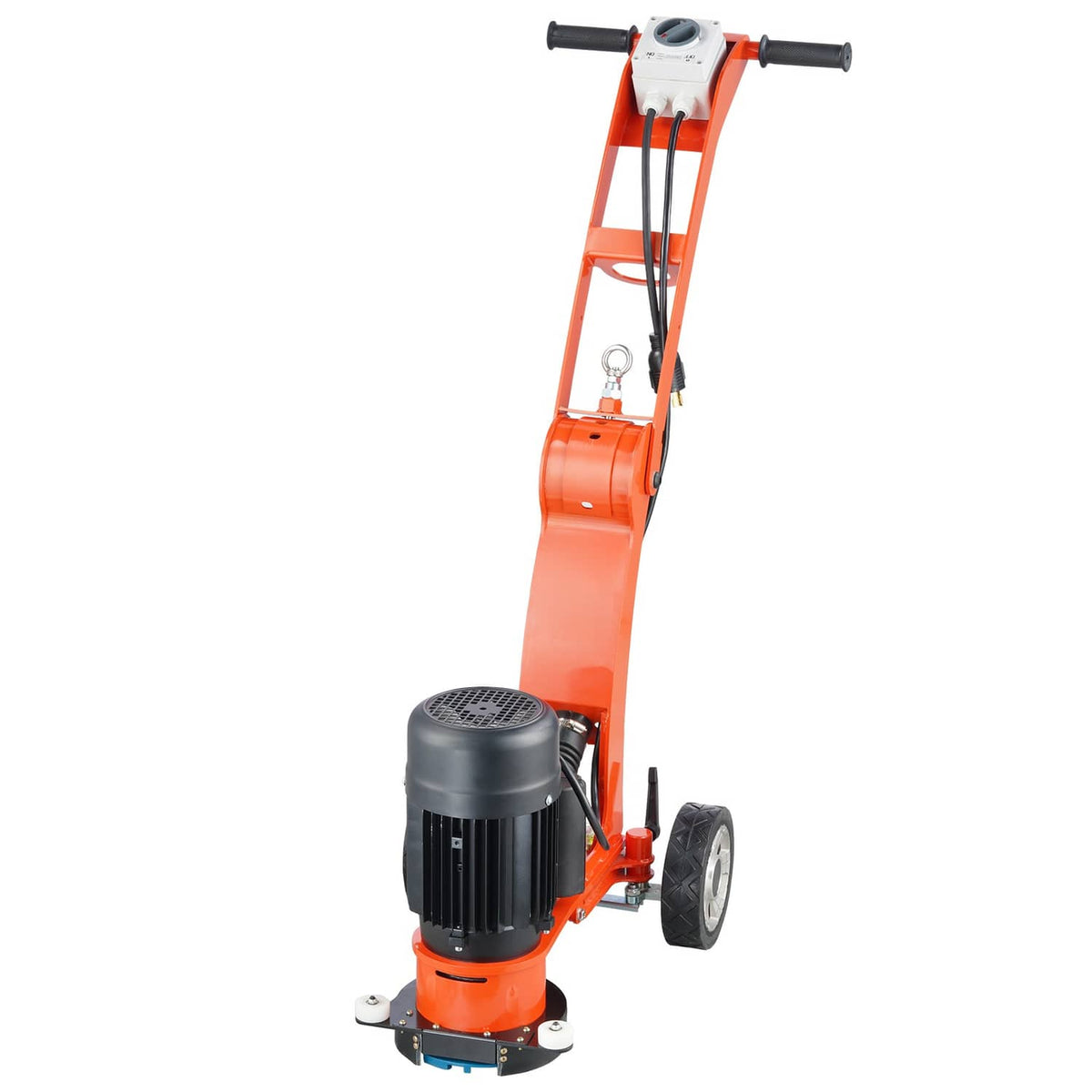 Orange walk-behind concrete floor grinder with upright handle and front motor base