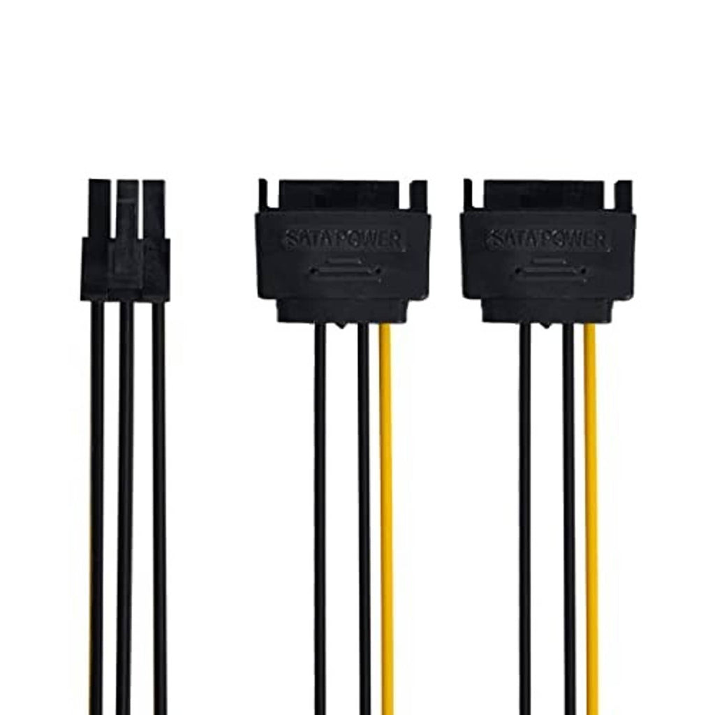 Two SATA power connectors with yellow-striped wires and black housings, plus matching plug