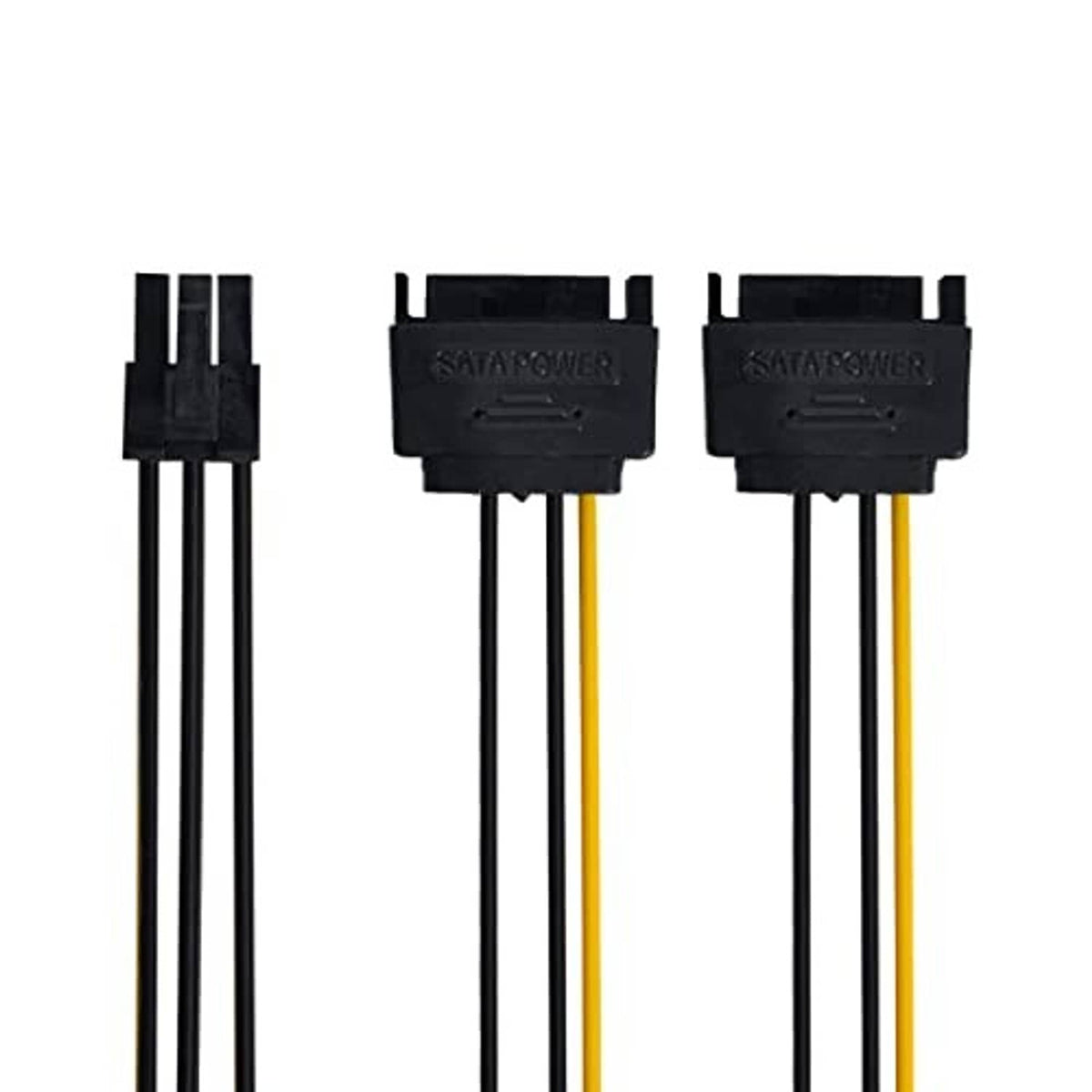 Two SATA power connectors with yellow-striped wires and black housings, plus matching plug