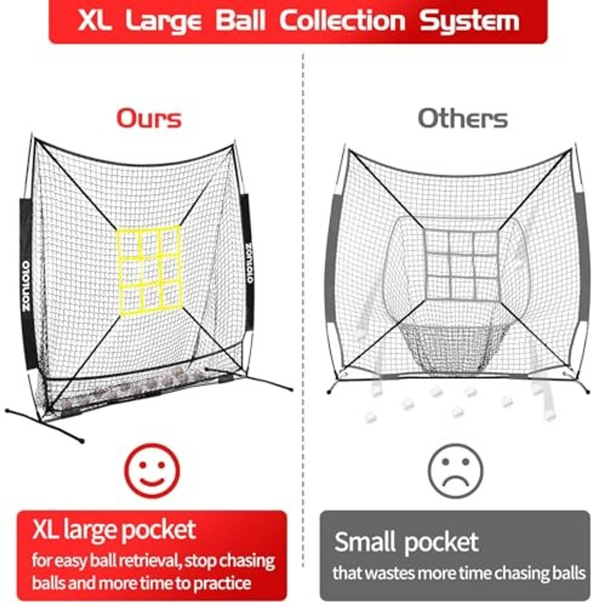 XL ball collection practice net with black frame, white mesh, red and yellow strike targets