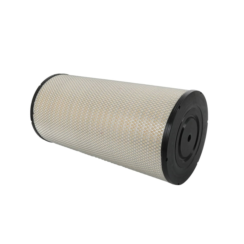 Angled view of cylindrical engine air filter with white media and black end plate