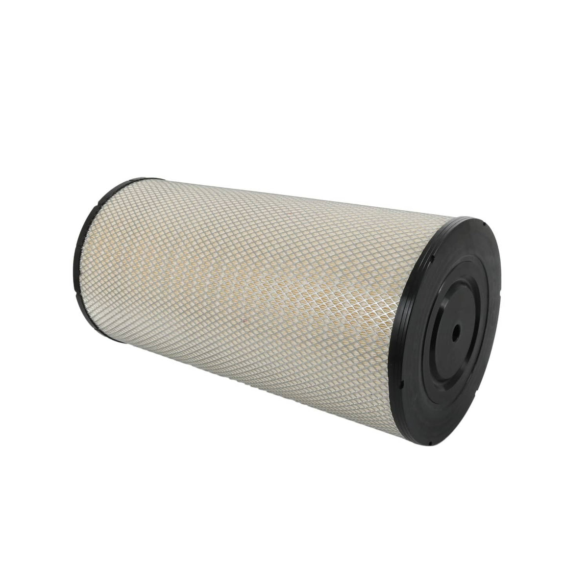 Angled view of cylindrical engine air filter with white media and black end plate