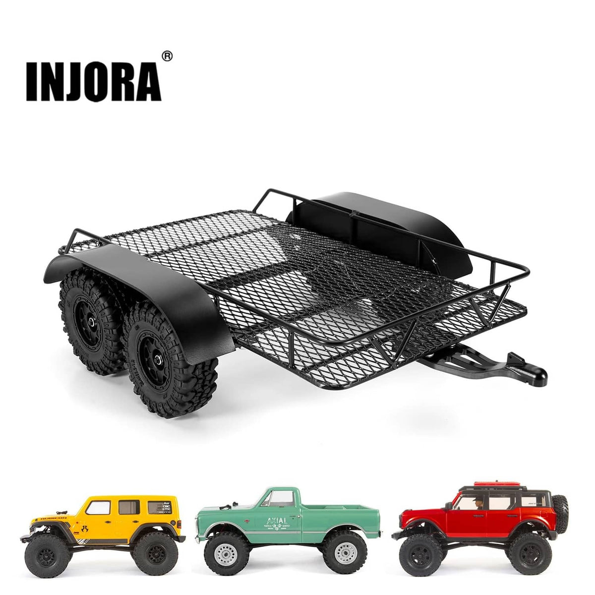 INJORA black metal hitch trailer with mesh deck, side rails, and hardware parts