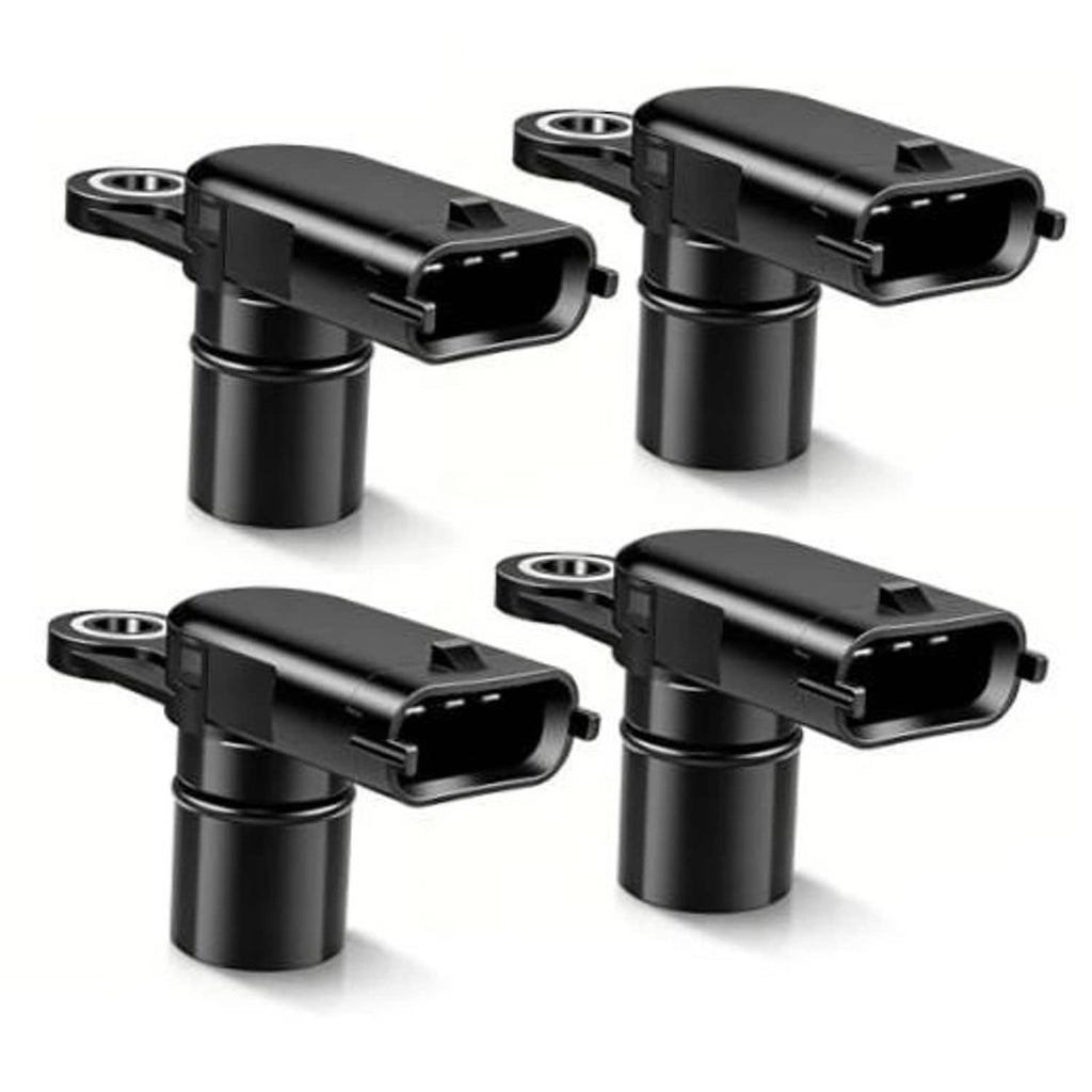 Set of four black camshaft position sensors with plug connectors and mounting tabs