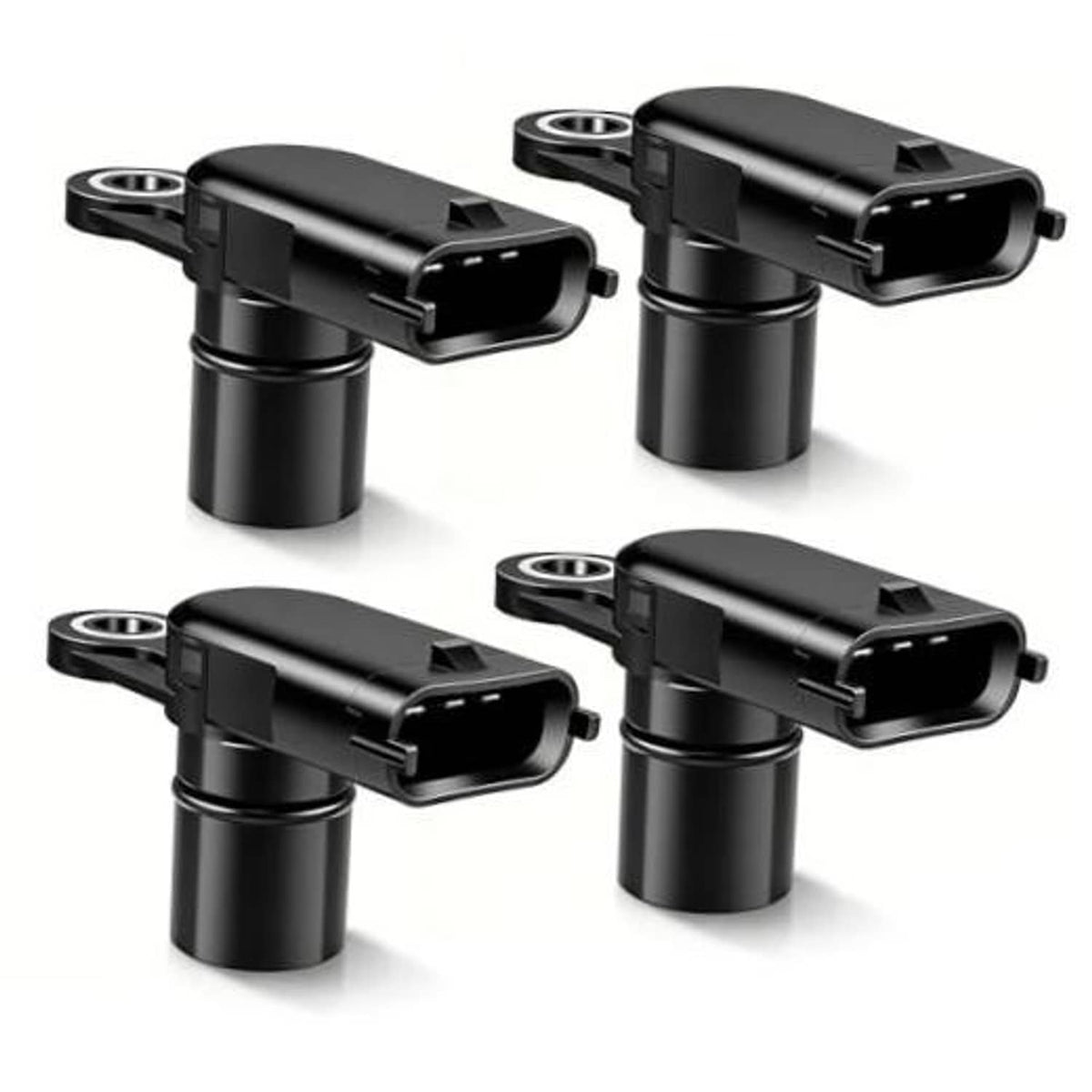 Set of four black camshaft position sensors with plug connectors and mounting tabs