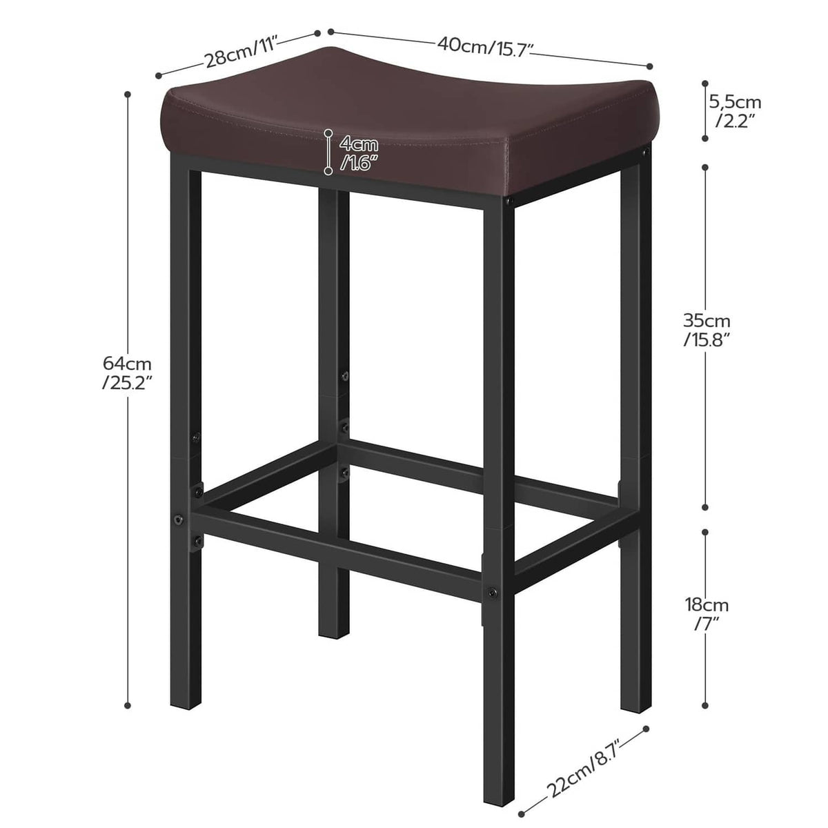 Bar stool with dark brown padded seat and black frame, with size diagram.