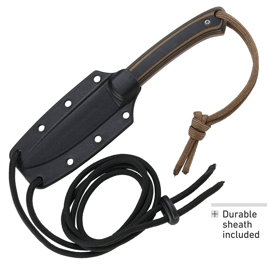 Fixed blade knife with black sheath and black paracord lanyard