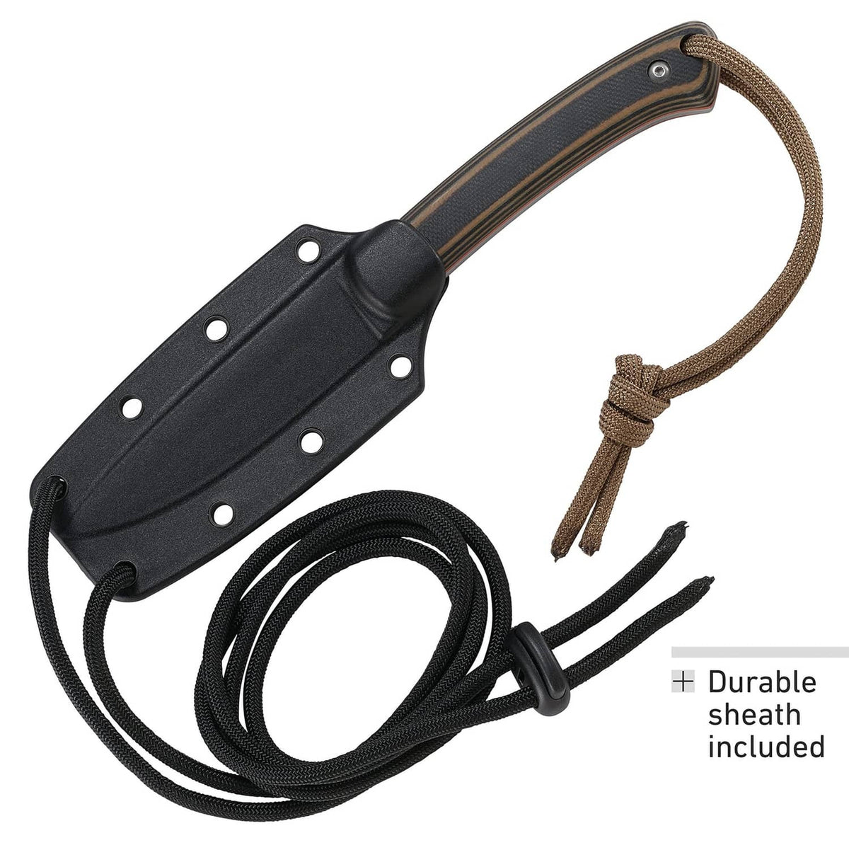 Fixed blade knife with black sheath and black paracord lanyard