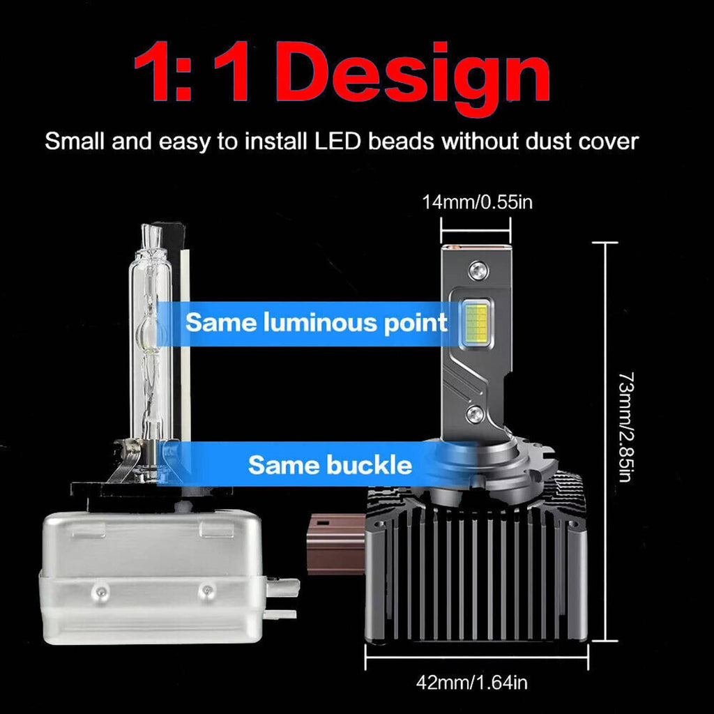 LED headlight bulb pair with compact black heatsinks and vertical LED modules
