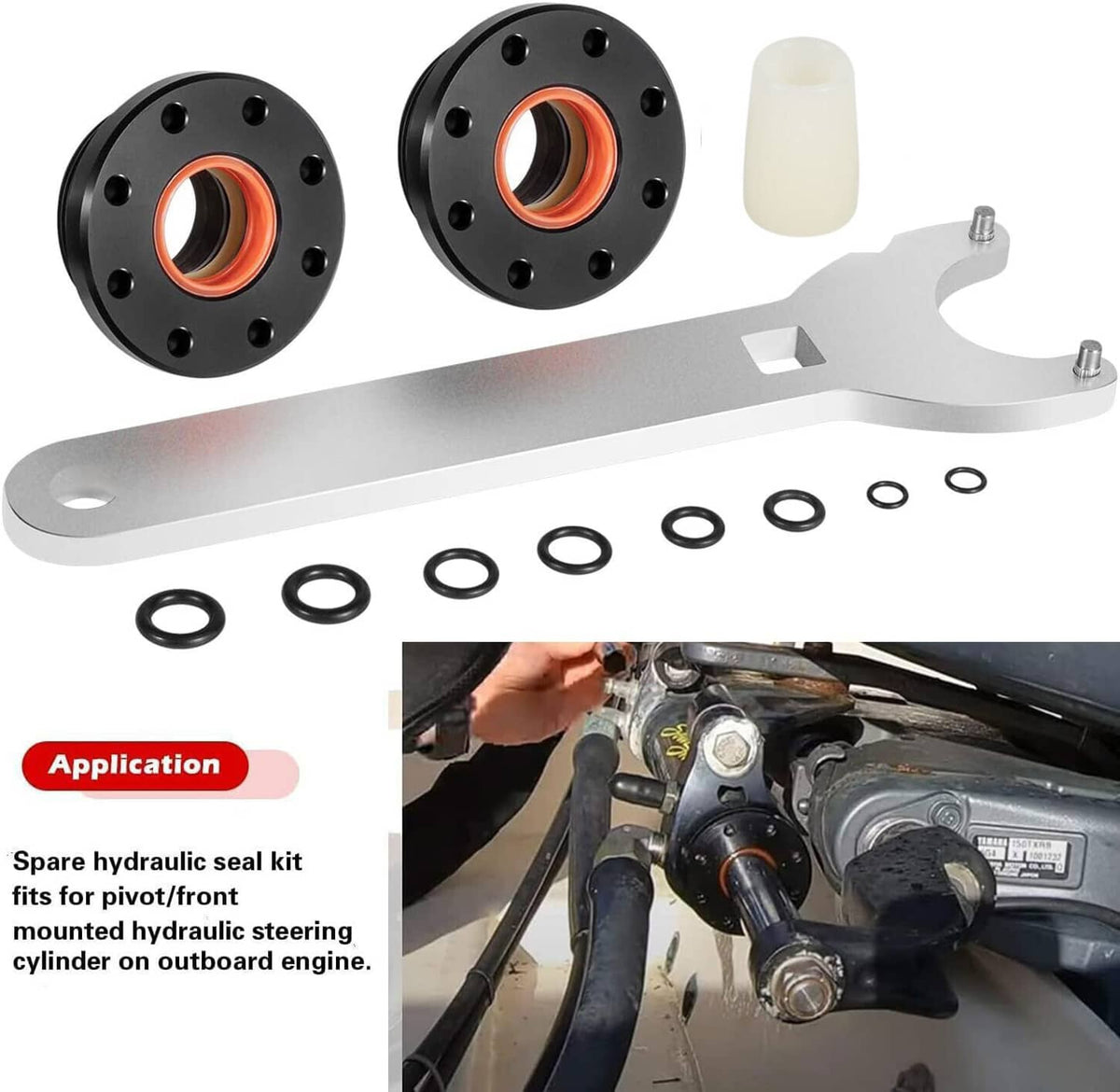 Hydraulic steering cylinder seal kit with seal glands, seal guide, pin wrench, o-rings
