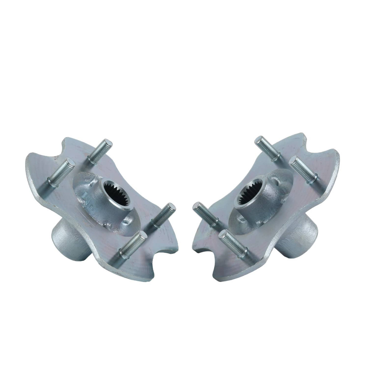 Rear wheel hubs pair, silver flanged steel with axle bore and 4 mounting bolts per side