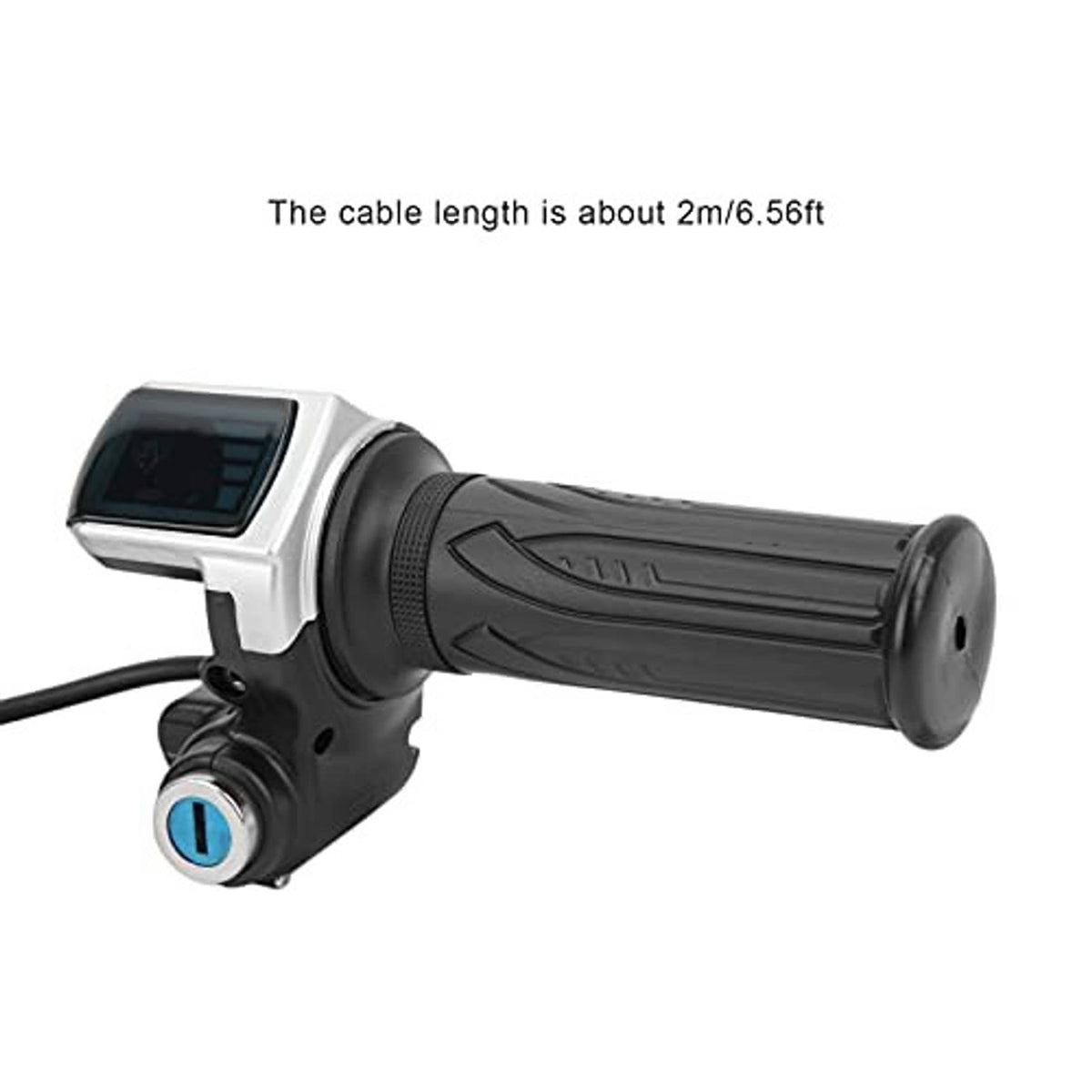 Throttle grip lock with LED screen on black handlebar grip and key-cylinder switch