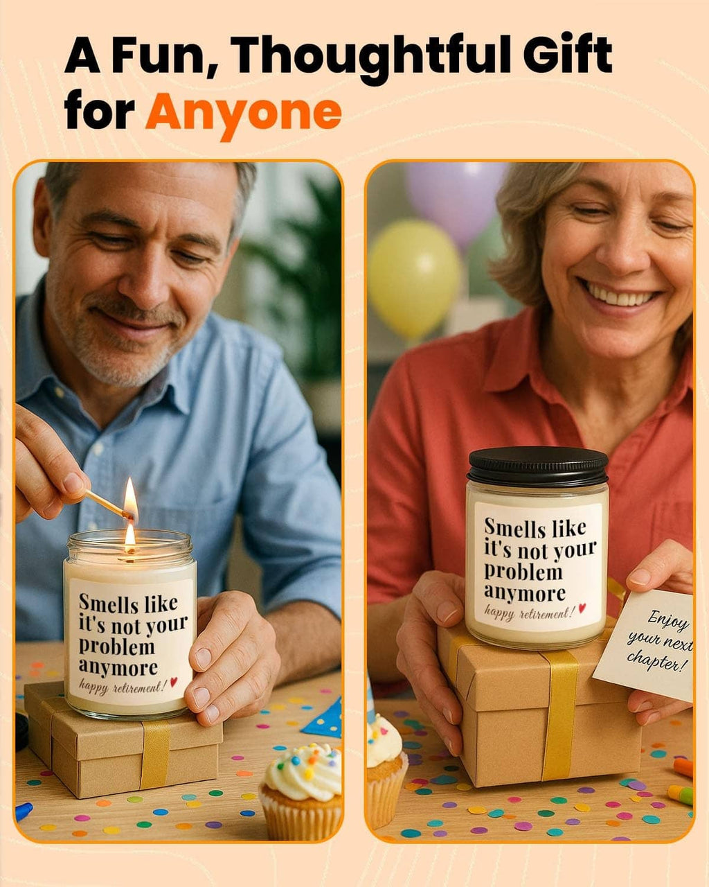 Clear glass soy wax candle with black lid, lit flame on gift boxes for retirement celebration.