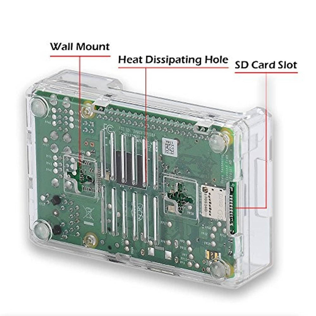 Transparent Raspberry Pi 3B+ case showing PCB, heat-dissipating hole, and SD card slot