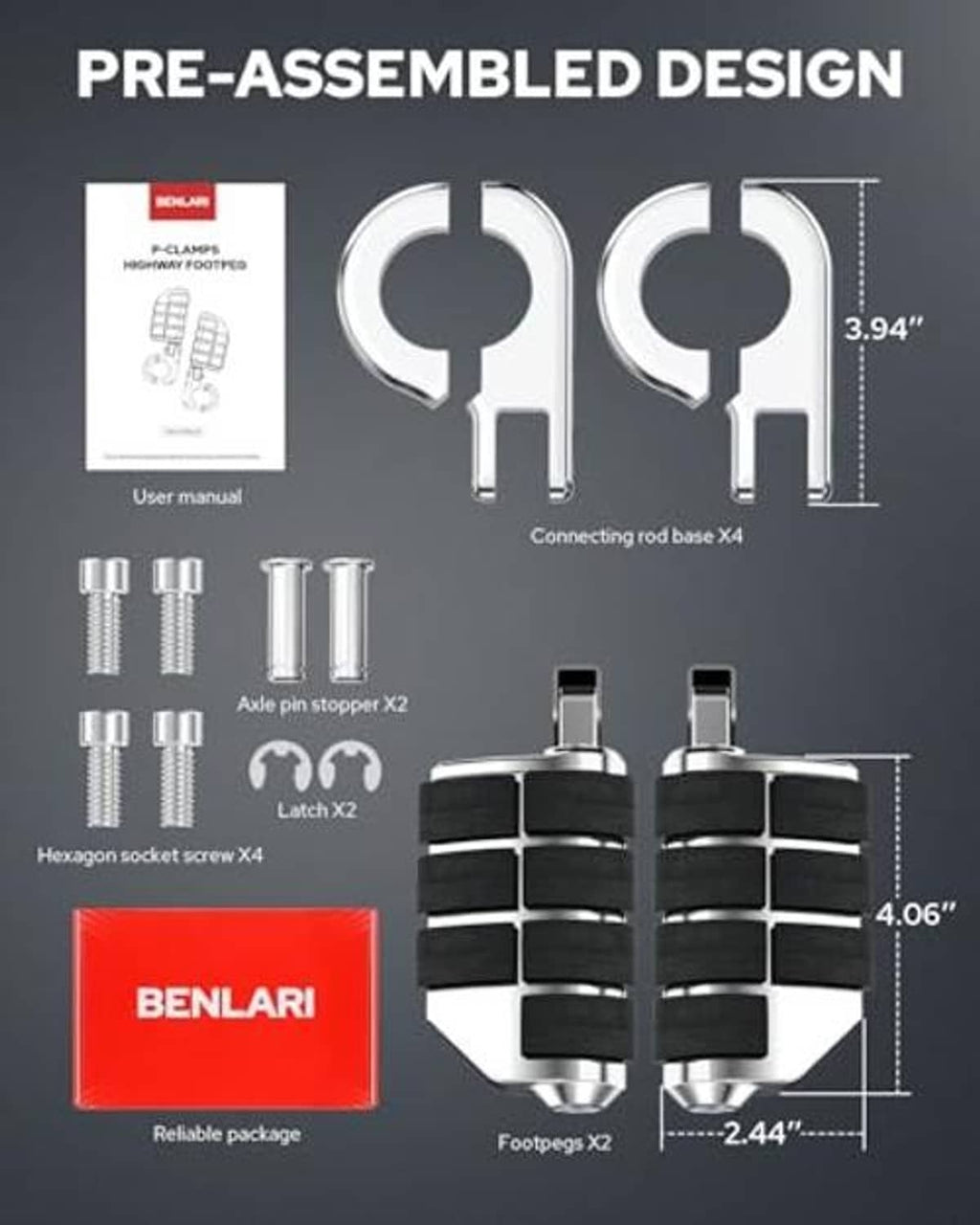 Pre-assembled A3 steel P-clamp foot pegs with black rubber pads and mounting hardware