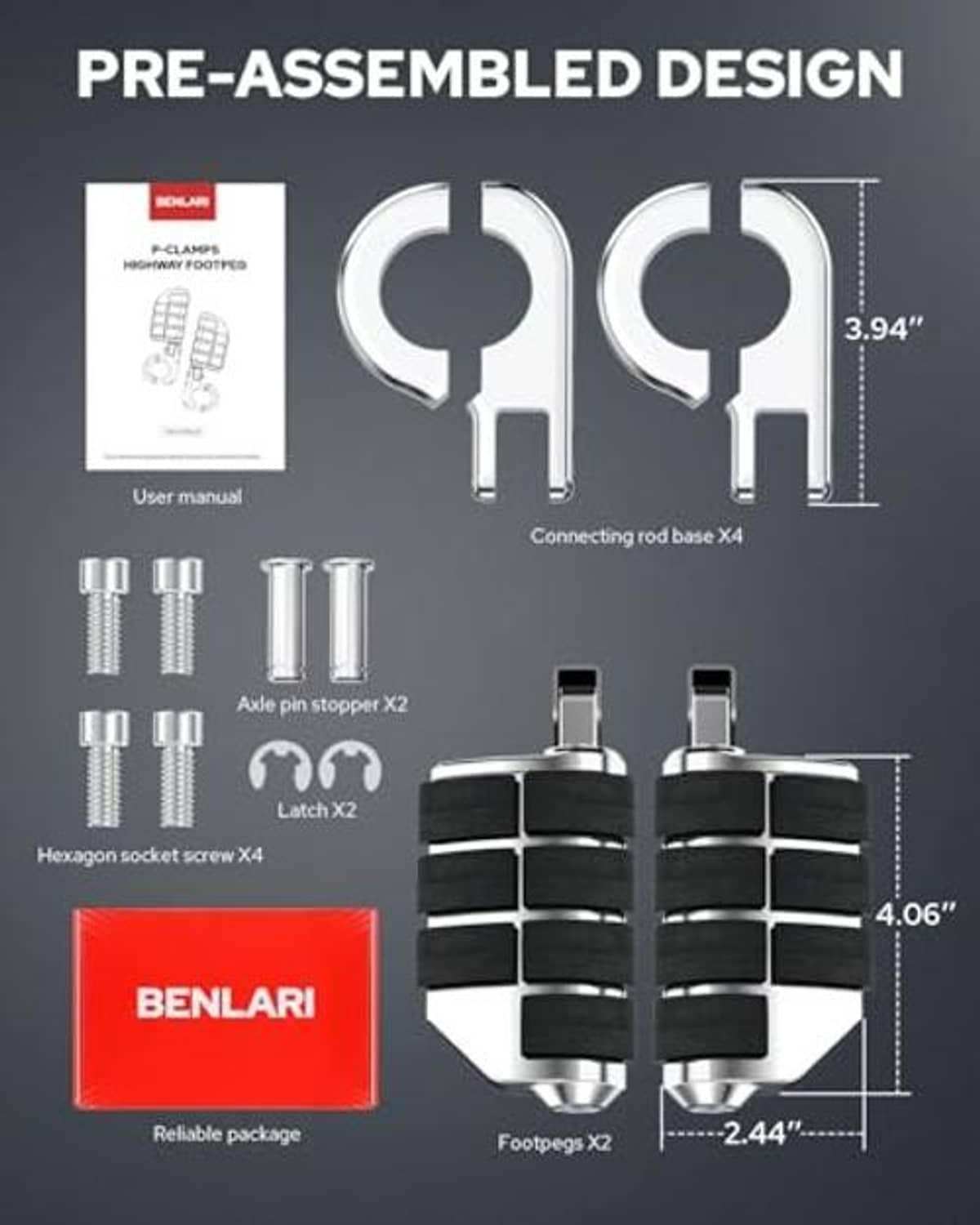 Pre-assembled A3 steel P-clamp foot pegs with black rubber pads and mounting hardware