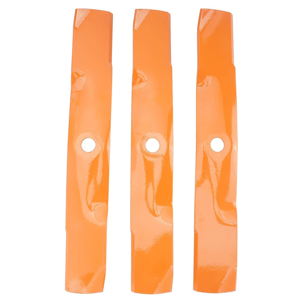 Orange lawn mower blades, three blades with round center mounting holes