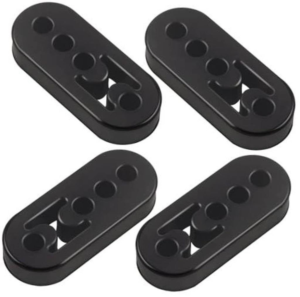 Black rubber exhaust hanger set, four adjustable 4-hole hangers with mounting slots