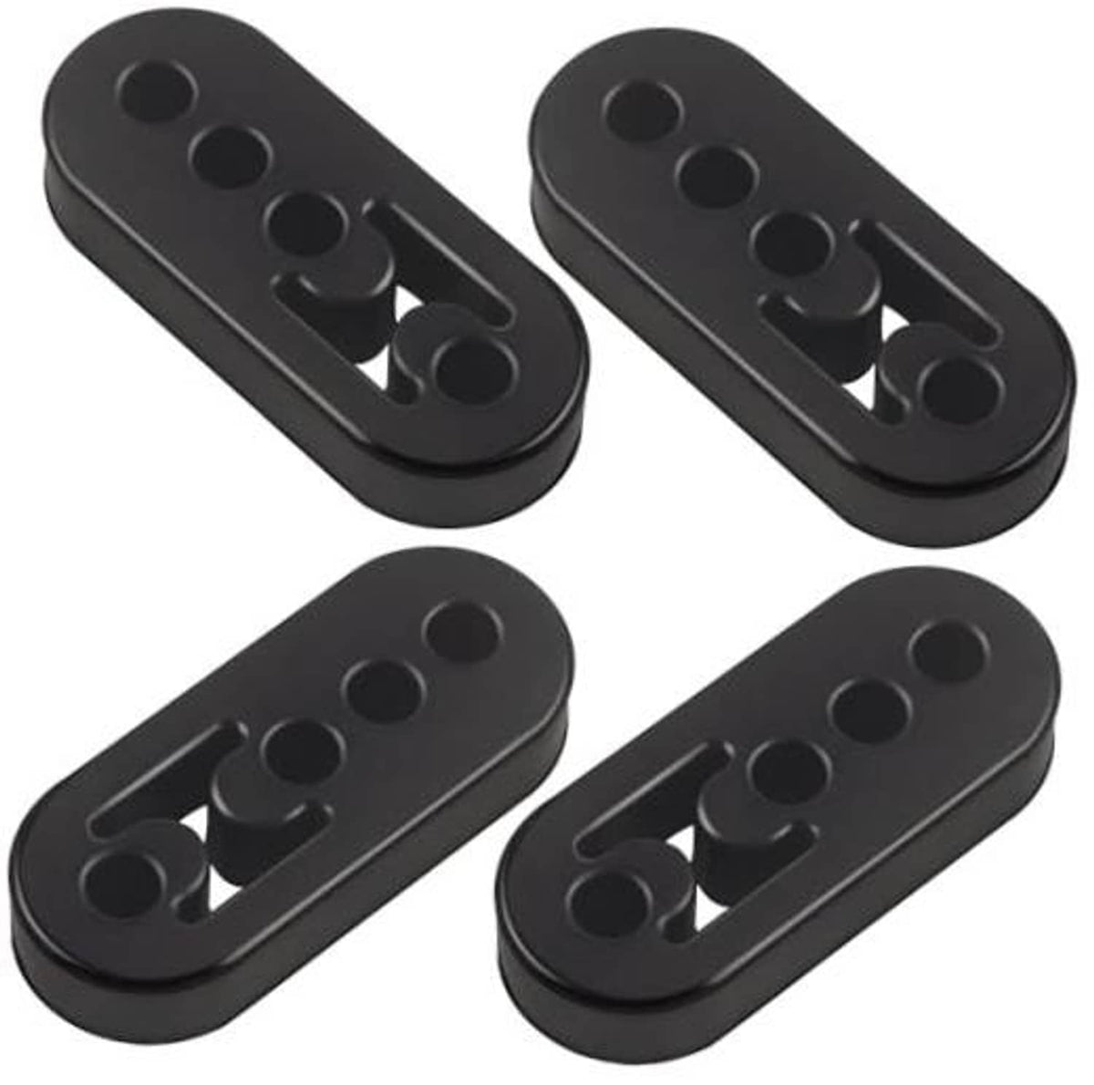 Black rubber exhaust hanger set, four adjustable 4-hole hangers with mounting slots