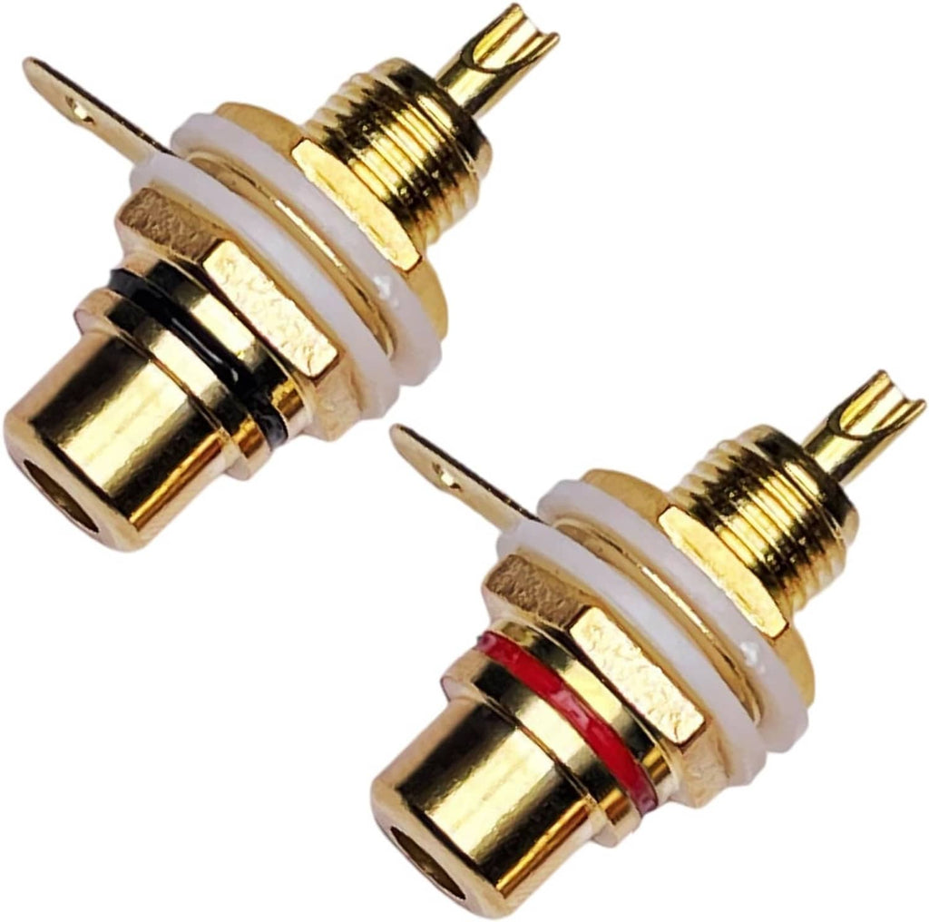 Gold-plated chassis panel-mount jack pair with red and black bands on the insulator rings.
