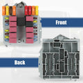 Automotive distribution fuse box with colorful fuses, front view in gray housing.
