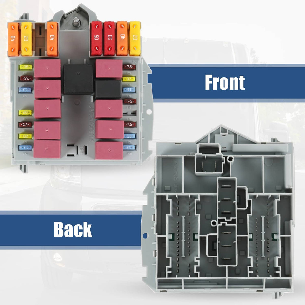 Automotive distribution fuse box with colorful fuses, front view in gray housing.