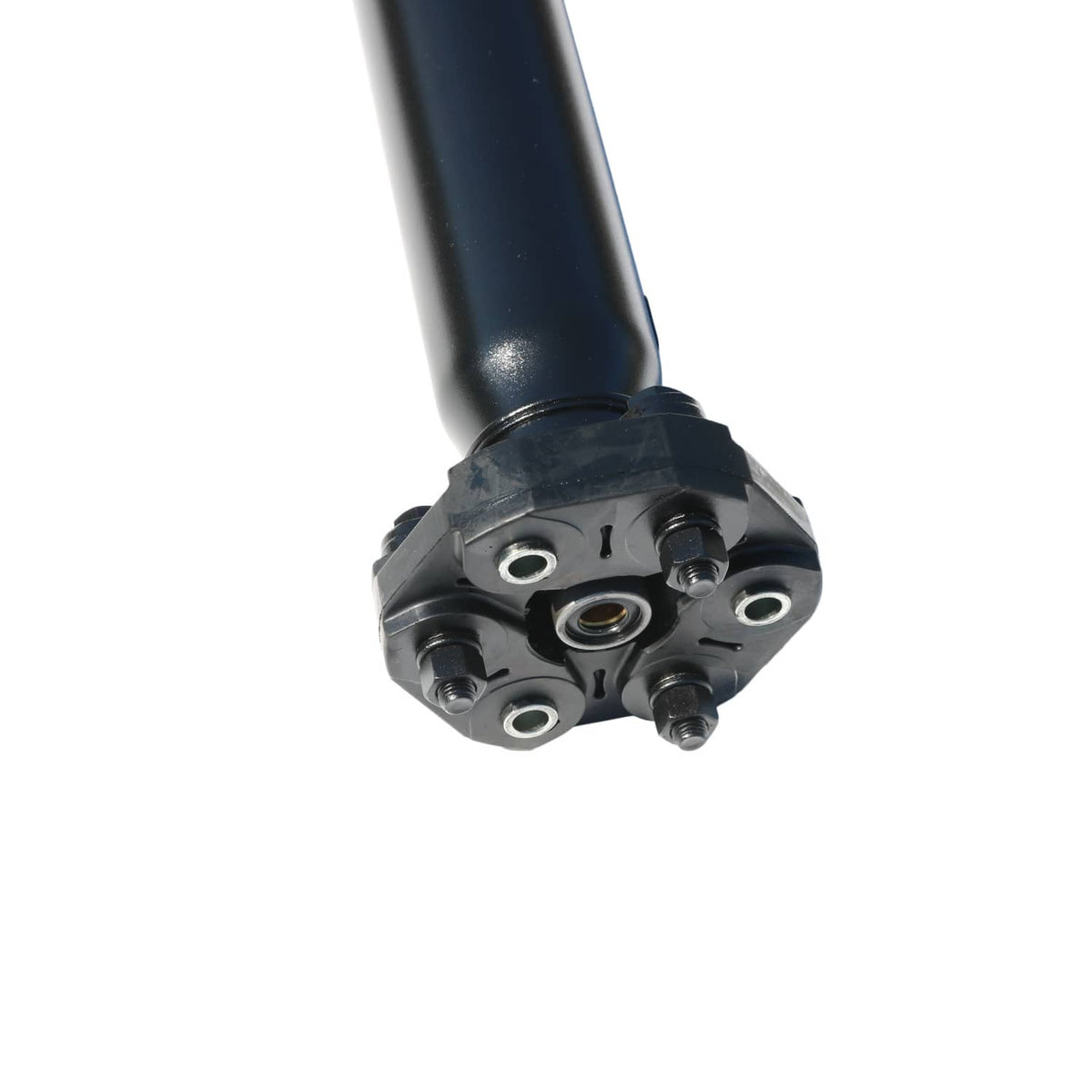 Rear drive shaft end yoke with bolt holes and bearing cap, dark blue tube