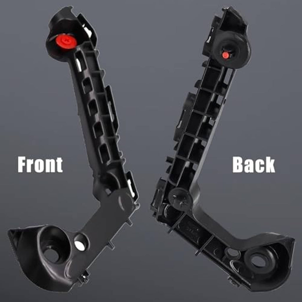Black front bumper mounting bracket pair shown from front and back, with red clips