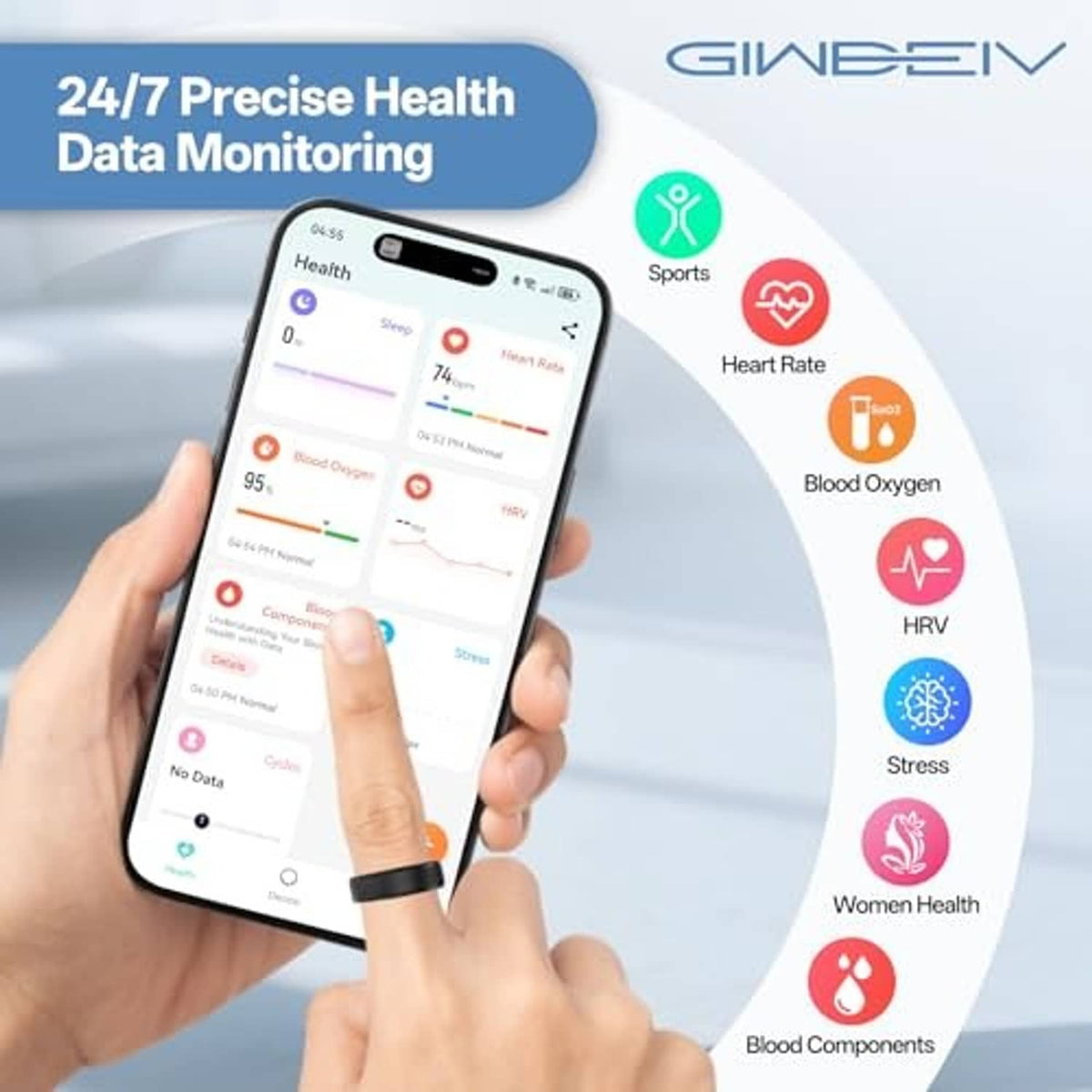 Health monitoring smartphone app screen shown with hand for smart ring tracking