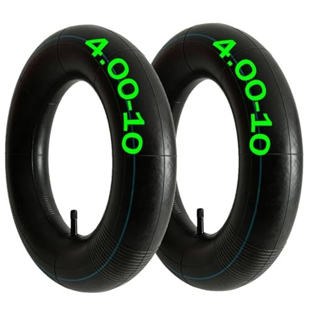 Pair of black 4.00-10 inner tubes with green markings and visible valve stems