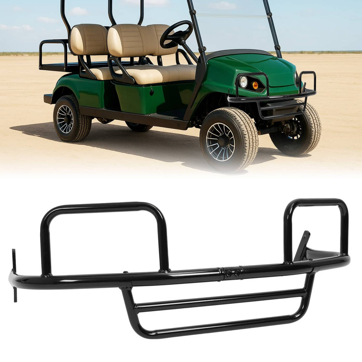 Black steel front brush guard with curved bars and center skid plate for golf cart