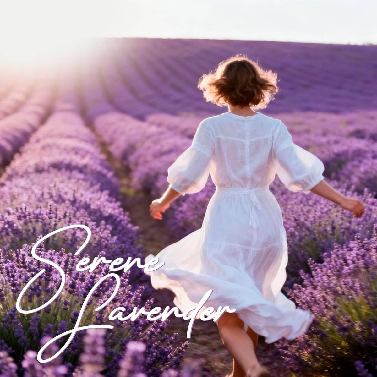 Lavender room spray, featuring a lavender field scene with a smiling child in white
