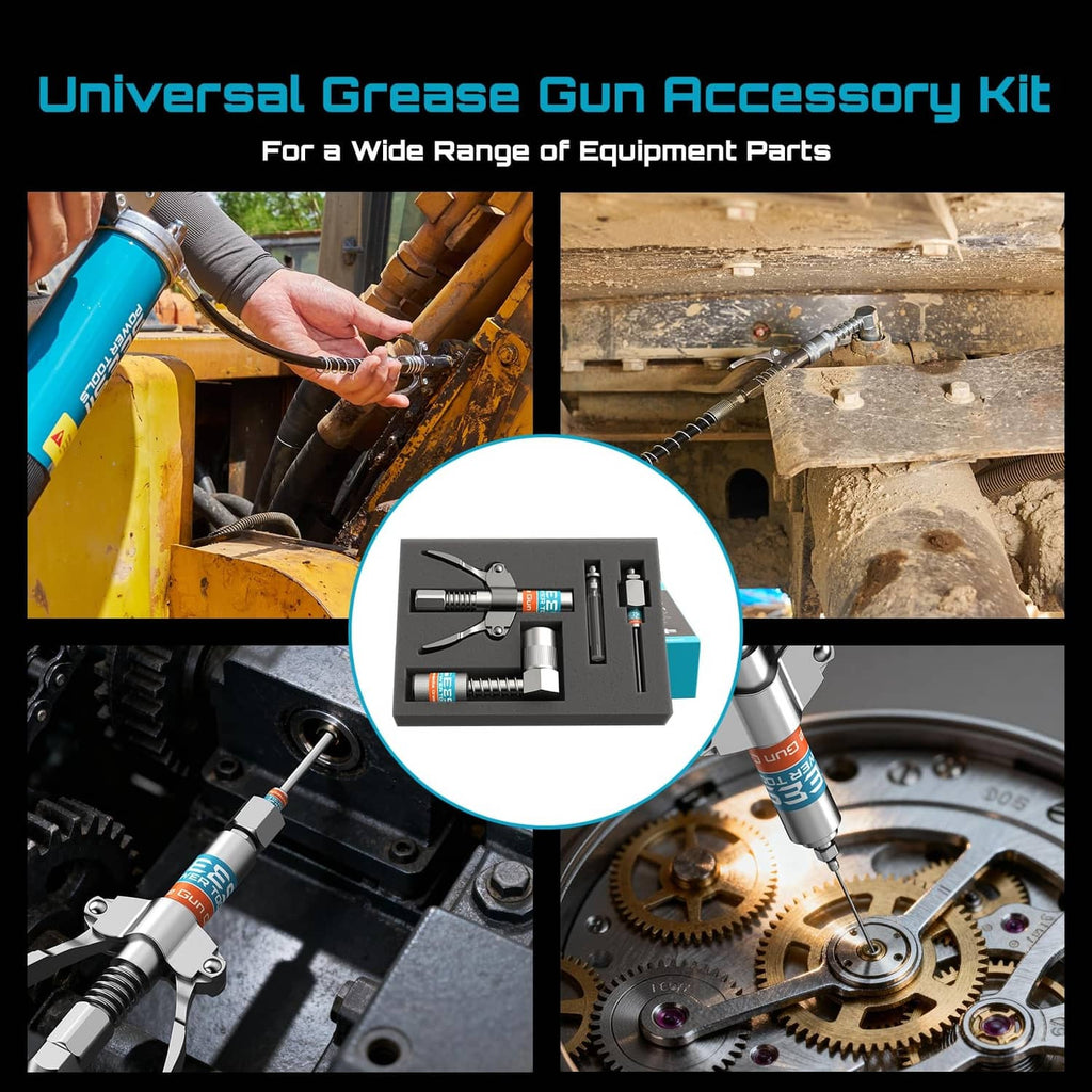 Universal grease gun accessory set with multiple attachments for grease fittings