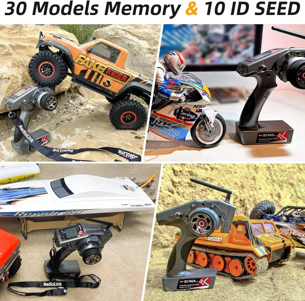 RC transmitter with LCD screen and lanyard strap shown with RC vehicles