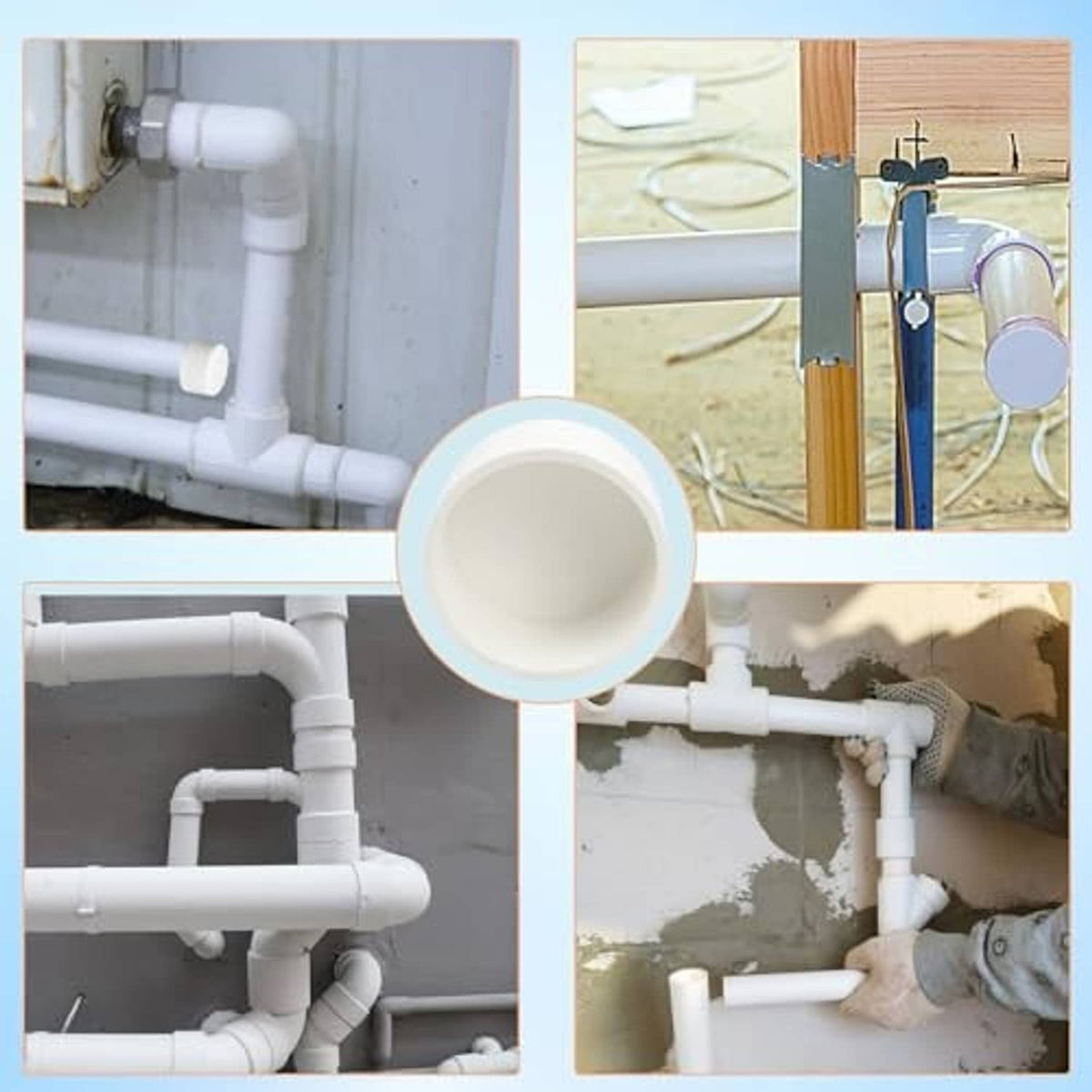 White PVC pipe end cap plug installed on PVC plumbing pipes, open round end