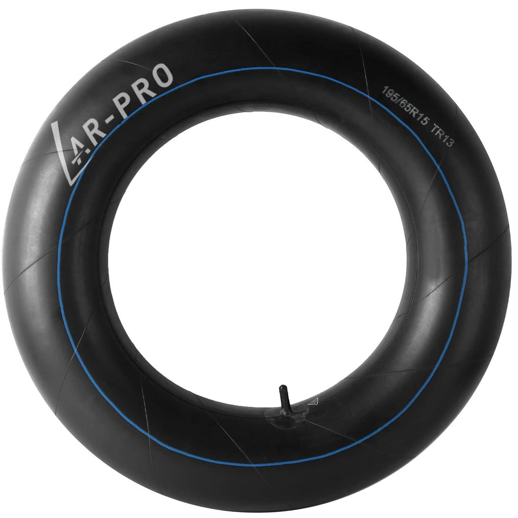 Black butyl rubber inner tube with blue outline and TR13 valve stem, close-up