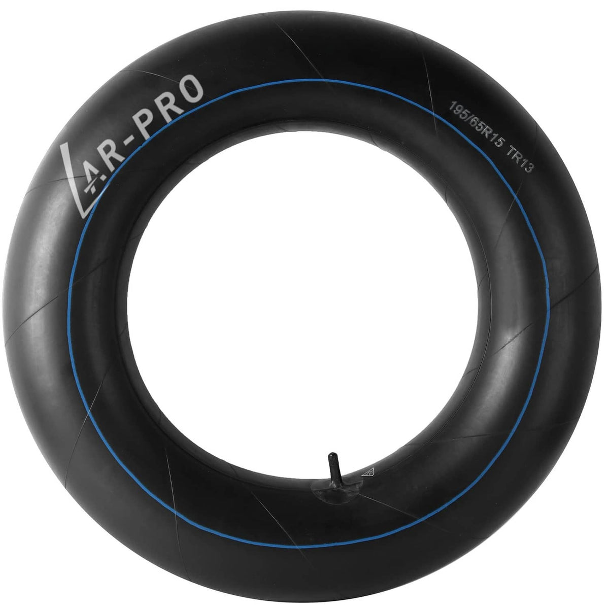 Black butyl rubber inner tube with blue outline and TR13 valve stem, close-up