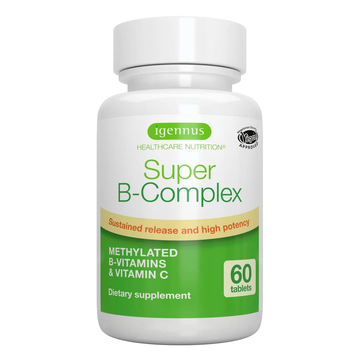 Igennus Super B-Complex supplement bottle with green front label, 60 tablets