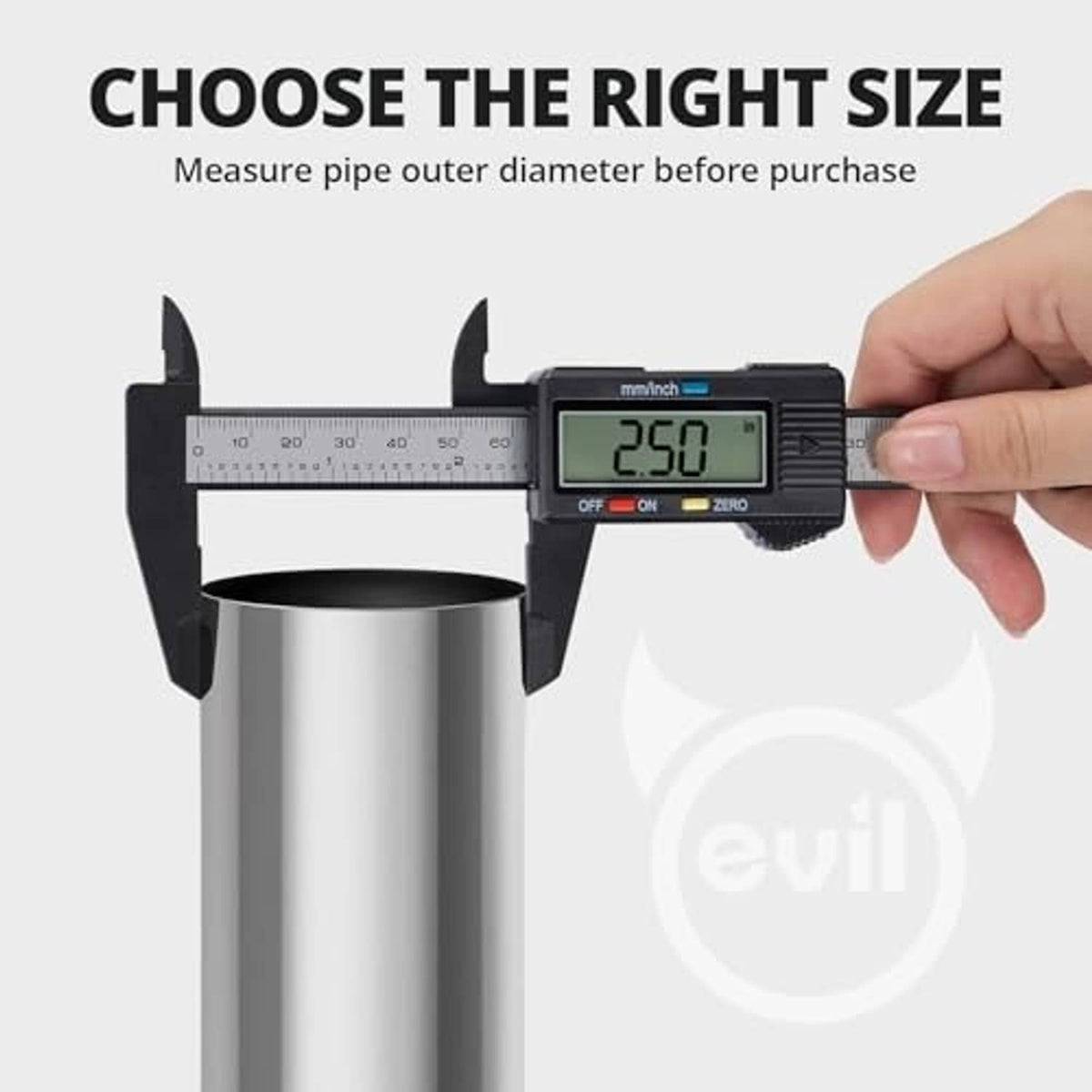 Stainless exhaust band clamp and caliper measuring pipe outer diameter, silver