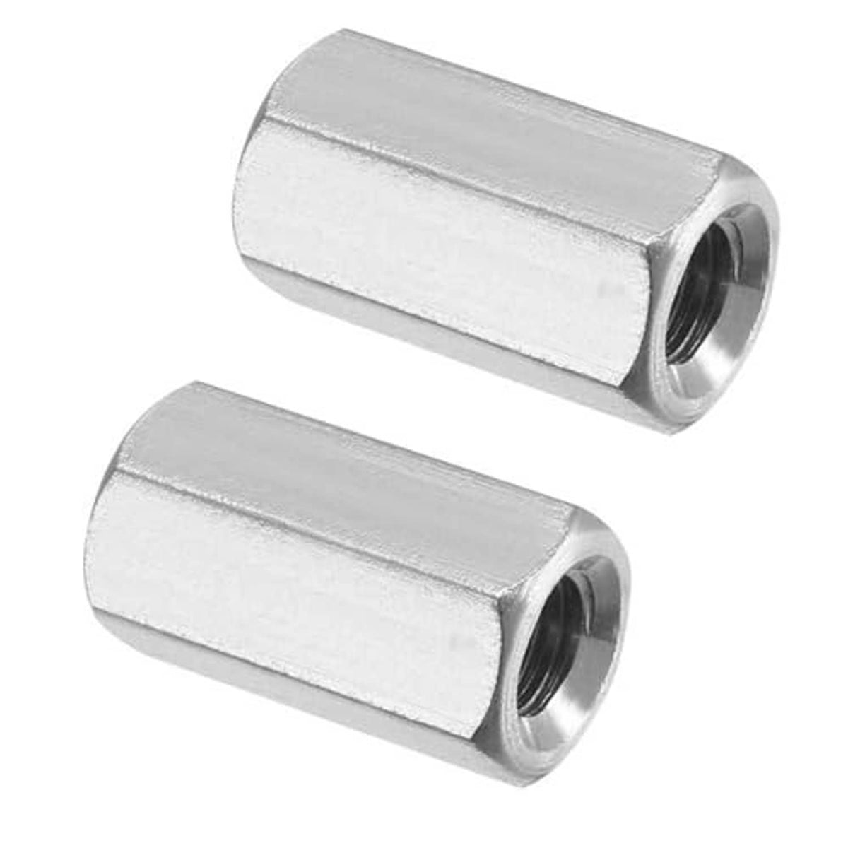Stainless steel hex coupling nuts with M6 internal threads, silver finish, 2-pack view