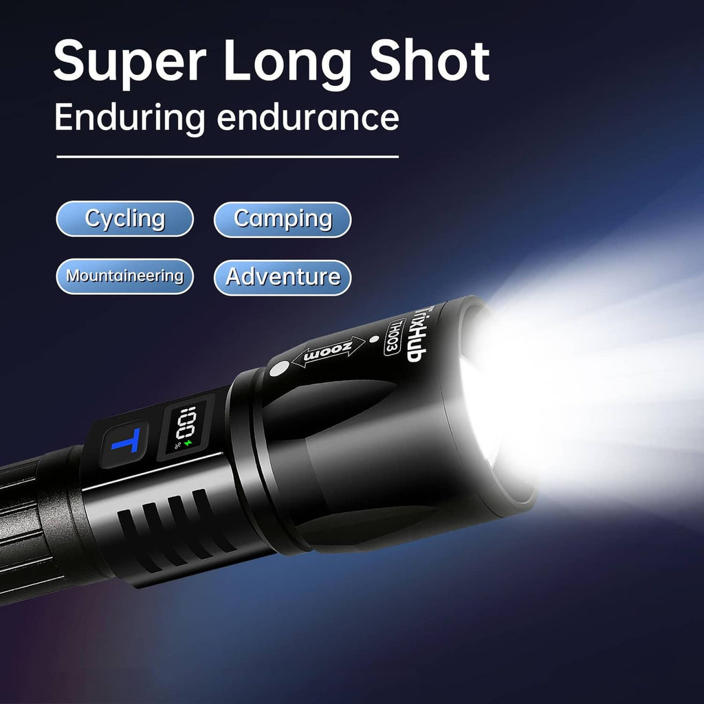 Black rechargeable flashlight projecting long-distance beam from zoom head